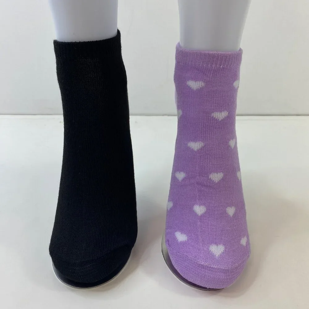 Womens Low-Cut Ankle Socks Set 2 Purple White Hearts Solid Black